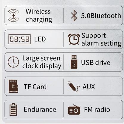 Wooden Retro Theme Wireless Charger Bluetooth Speaker Alarm Clock Radio