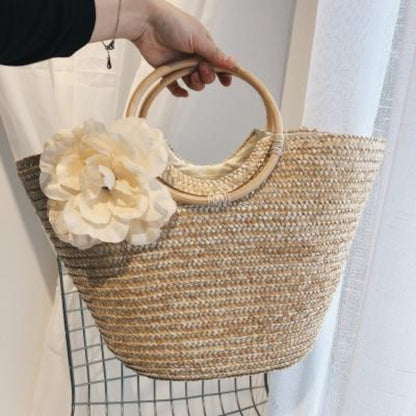 Woven Straw Totebag with Flowers by Coseey
