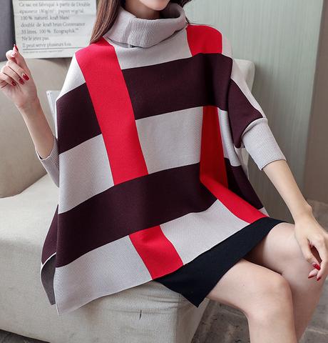 Womens Plaid Sweater Cape with Red Stripes