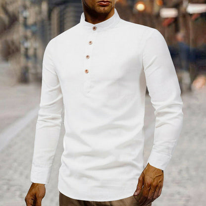 Mens Round Collar Half Button Up Linen Shirt