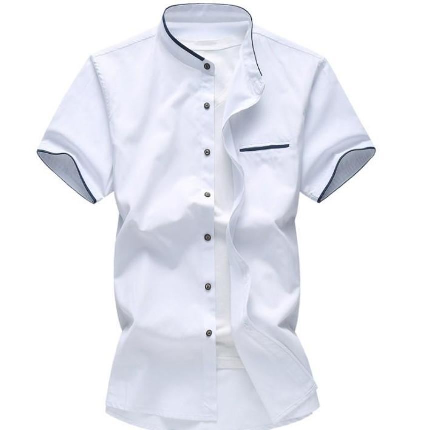 Mens White Stand Collar Shirt with Pocket Details