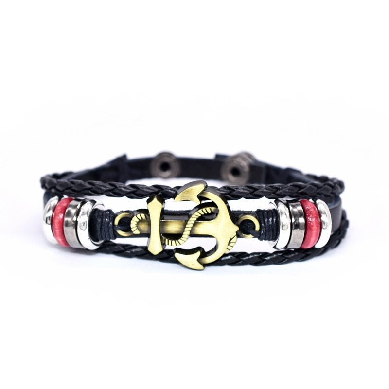 Multi Layer Vegan Leather Bracelet With Anchor