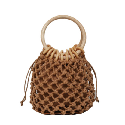 Summer Cotton Rope Crochet Bag With Ratten Ring Handle