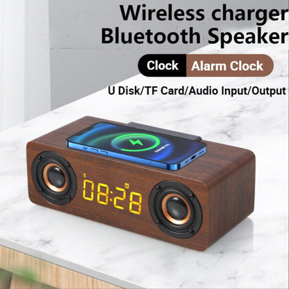 Wooden Retro Theme Wireless Charger Bluetooth Speaker Alarm Clock Radio