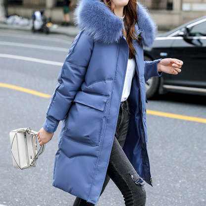 Womens Mid Length Big Pocket Zipper Jacket with Furry Hood
