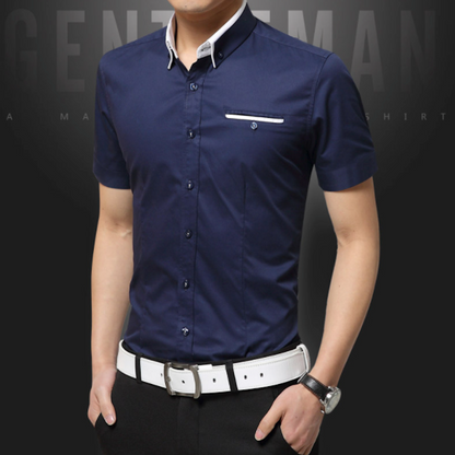 Mens Short Sleeve Button Down Shirt with Dual Collar Look