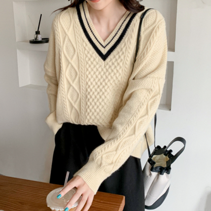 Womens V Neck Cable Knit Sweater