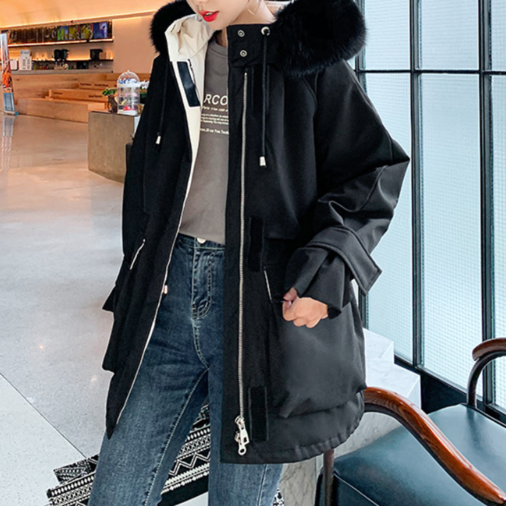 Womens Mid Length Zipper Coat with Furry Hood