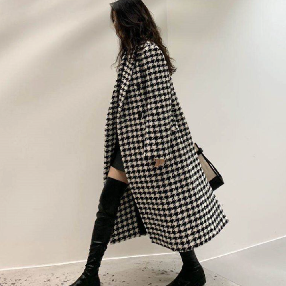 Womens Houndstooth Pattern Long Coat