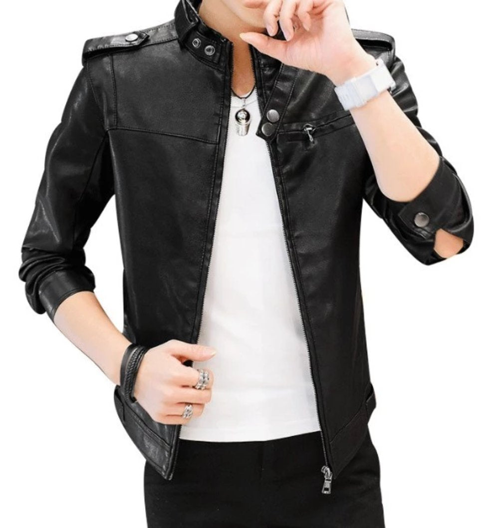 Mens Stand Collar Faux Leather Biker Jacket