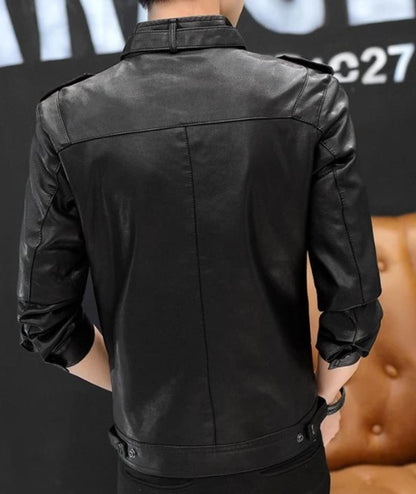 Mens Stand Collar Faux Leather Biker Jacket