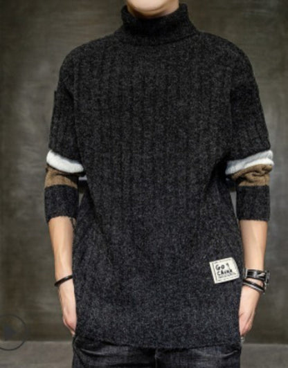 Mens Causal Turtle Neck Sweater with Stripe Sleeves Design