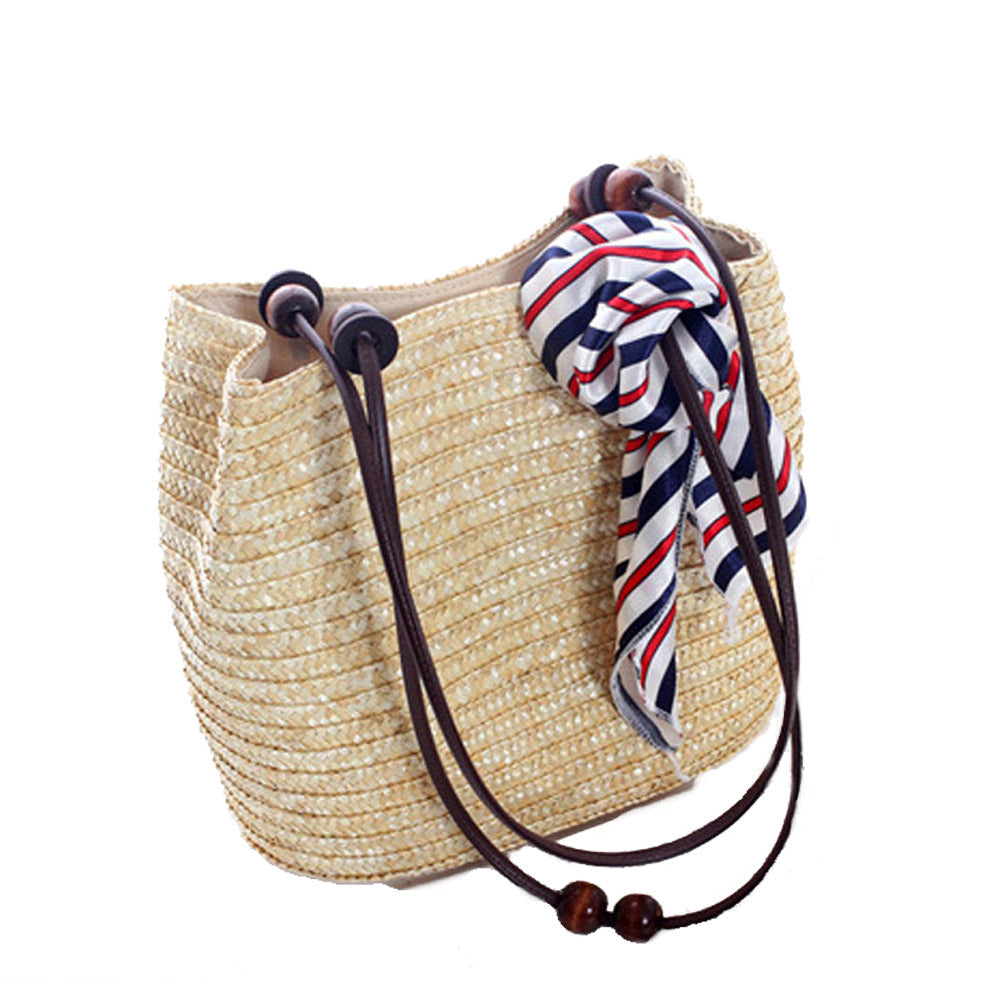 Straw Tote with Wooden Beads