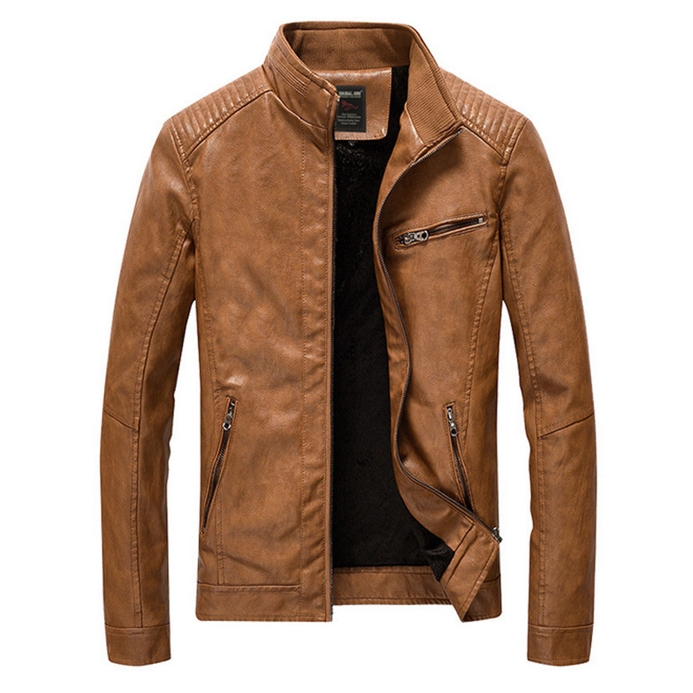 Mens Stand Collar Motorcycle Vegan Leather Jacket