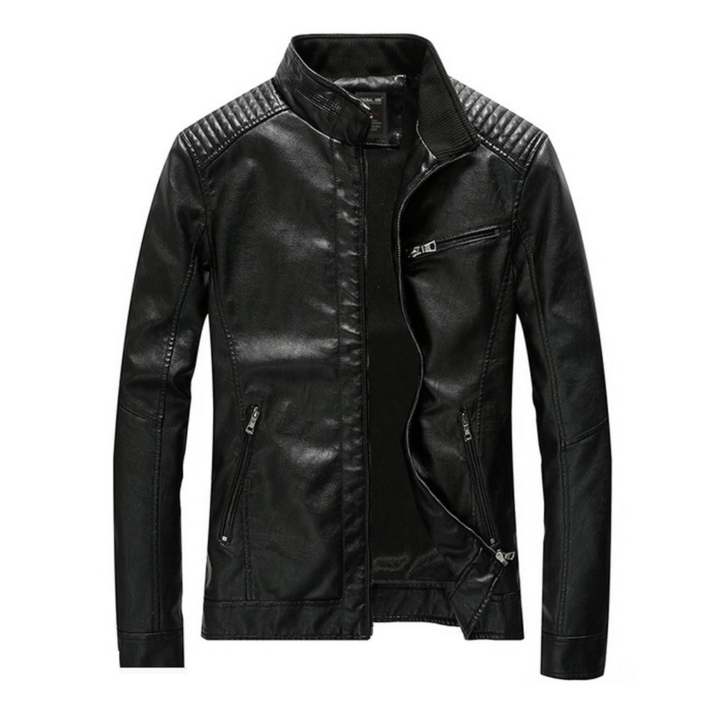 Mens Stand Collar Motorcycle Vegan Leather Jacket