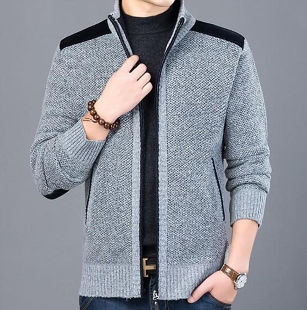 Mens Zipped Up Cardigan with Elbow Patch in Blue
