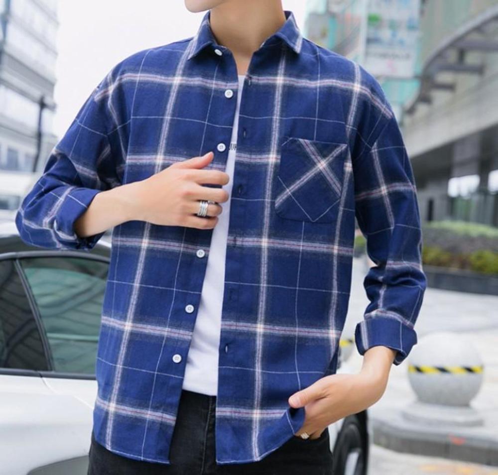 Mens Casual Long Sleeve Button Front Plaid Shirt in Blue