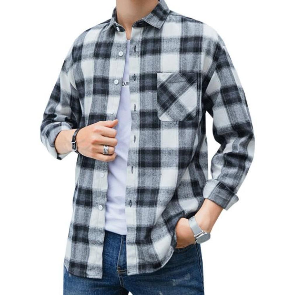 Mens Casual Long Sleeve Button Front Plaid Shirt in Black