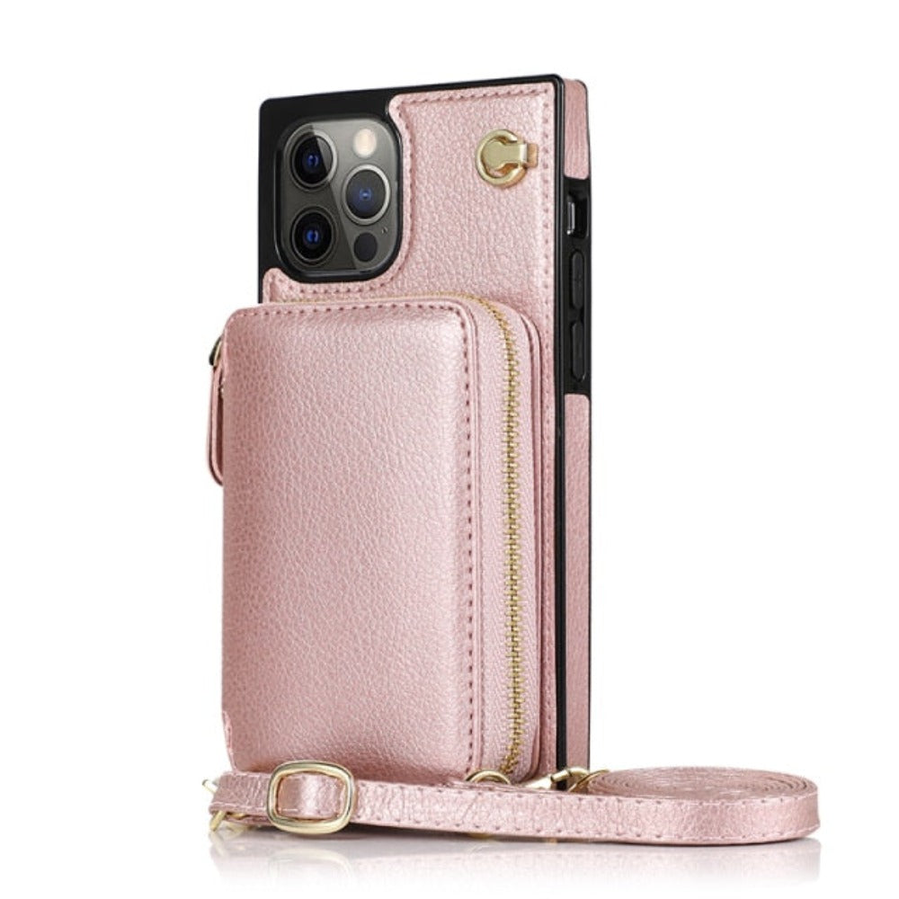 Zipper Wallet Case with Adjustable Crossbody Strap for iPhone X to 14 Series