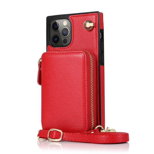Zipper Wallet Case with Adjustable Crossbody Strap for iPhone X to 14 Series