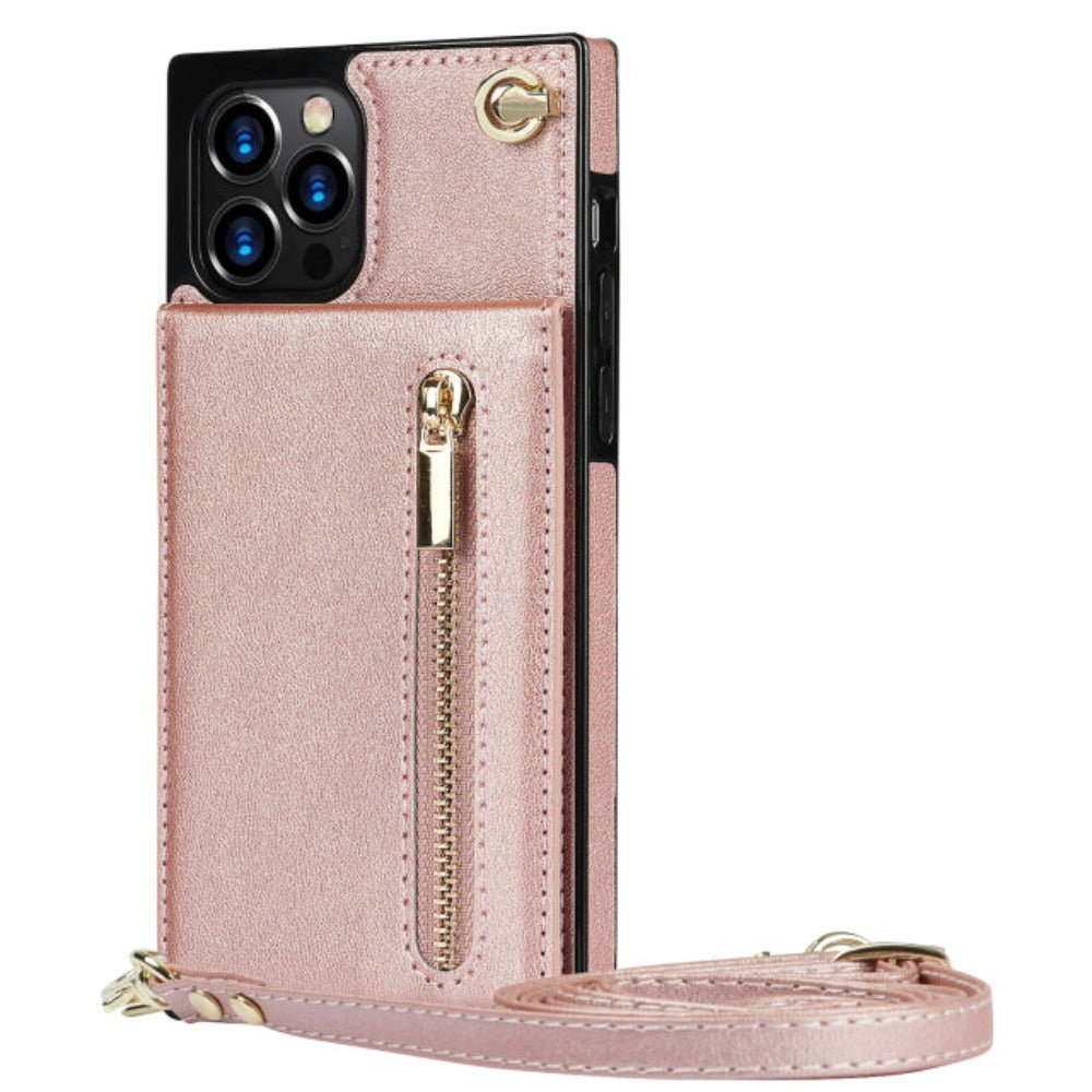 Slim Zipper Wallet Case for iPhone X to 14 series With Crossbody Strap
