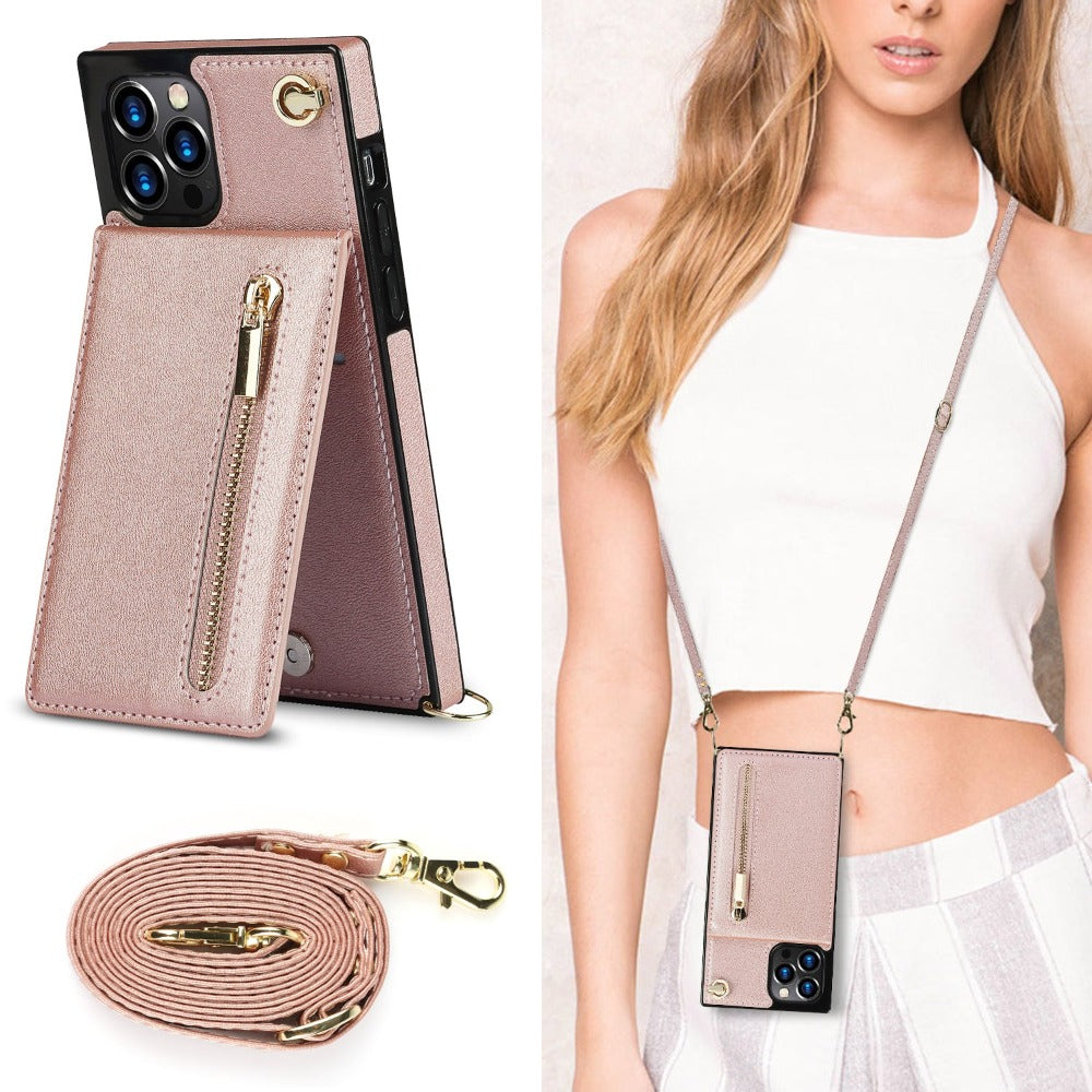 Slim Zipper Wallet Case for iPhone X to 14 series With Crossbody Strap