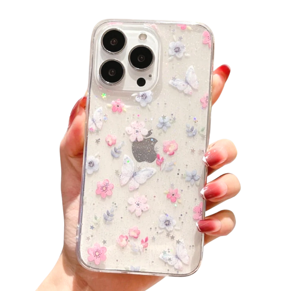 Butterfly Spring Floral Glitter Soft Silicone Case for iPhone