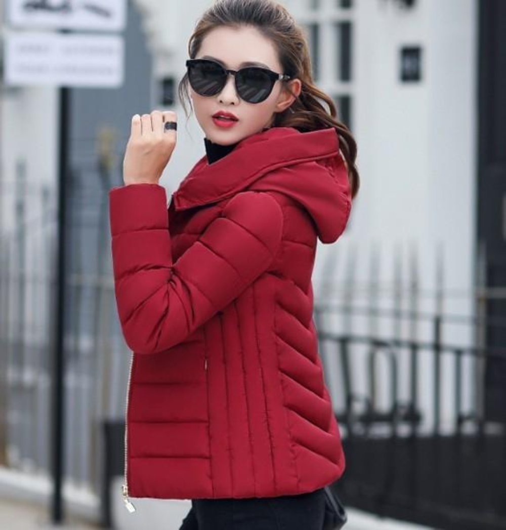 Womens  Hooded Slim Fit Winter Zip Up Short Coat in Pink