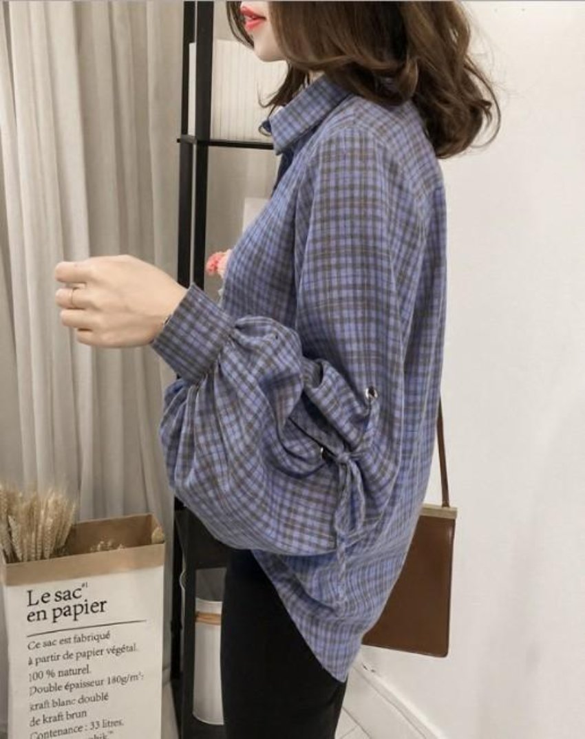Womens Plaid Shirt with Bell Sleeves
