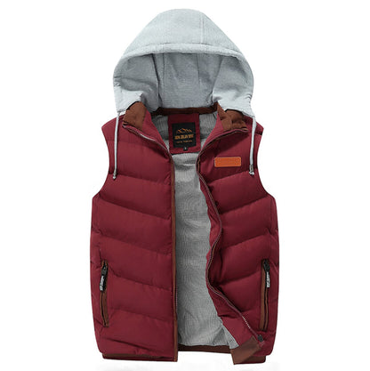 Mens Winter Puffy Vest with Removable Hood in Red