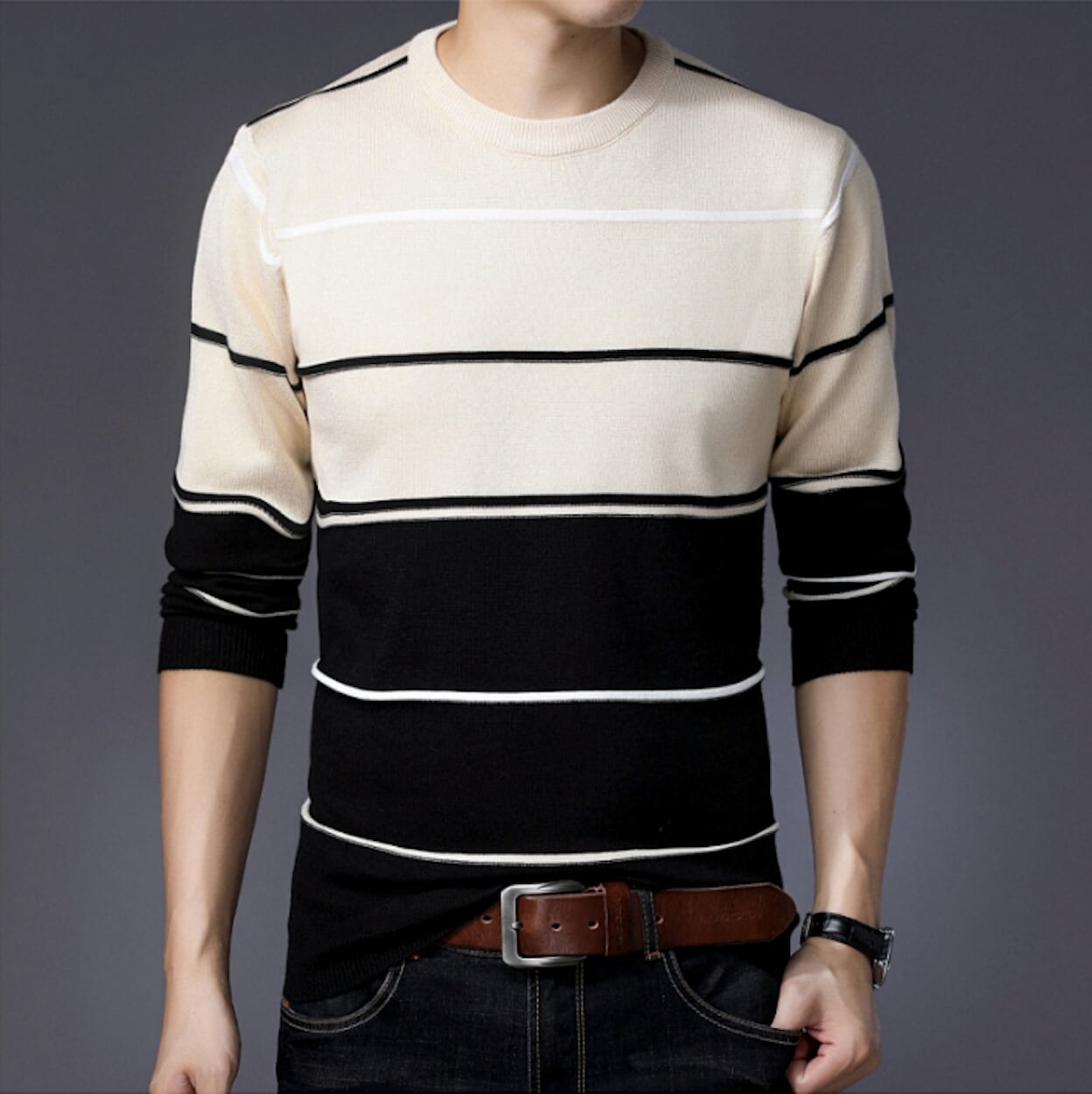 Mens Round Neck Tow Tone Striped Sweater