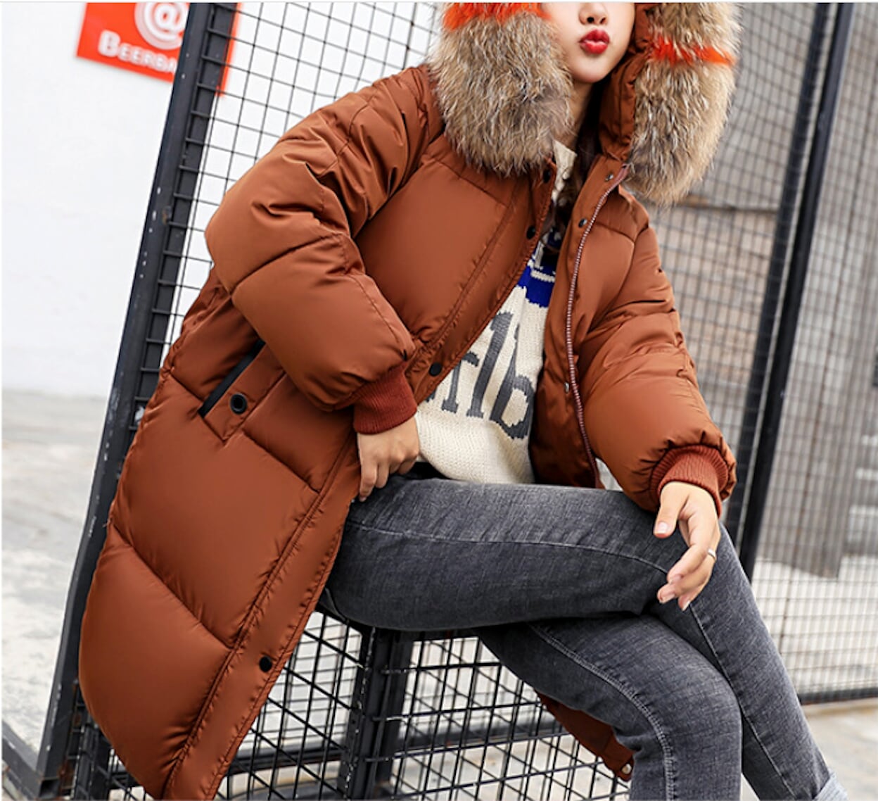 Womens Oversize Puffy Jacket with Faux Fur Hood