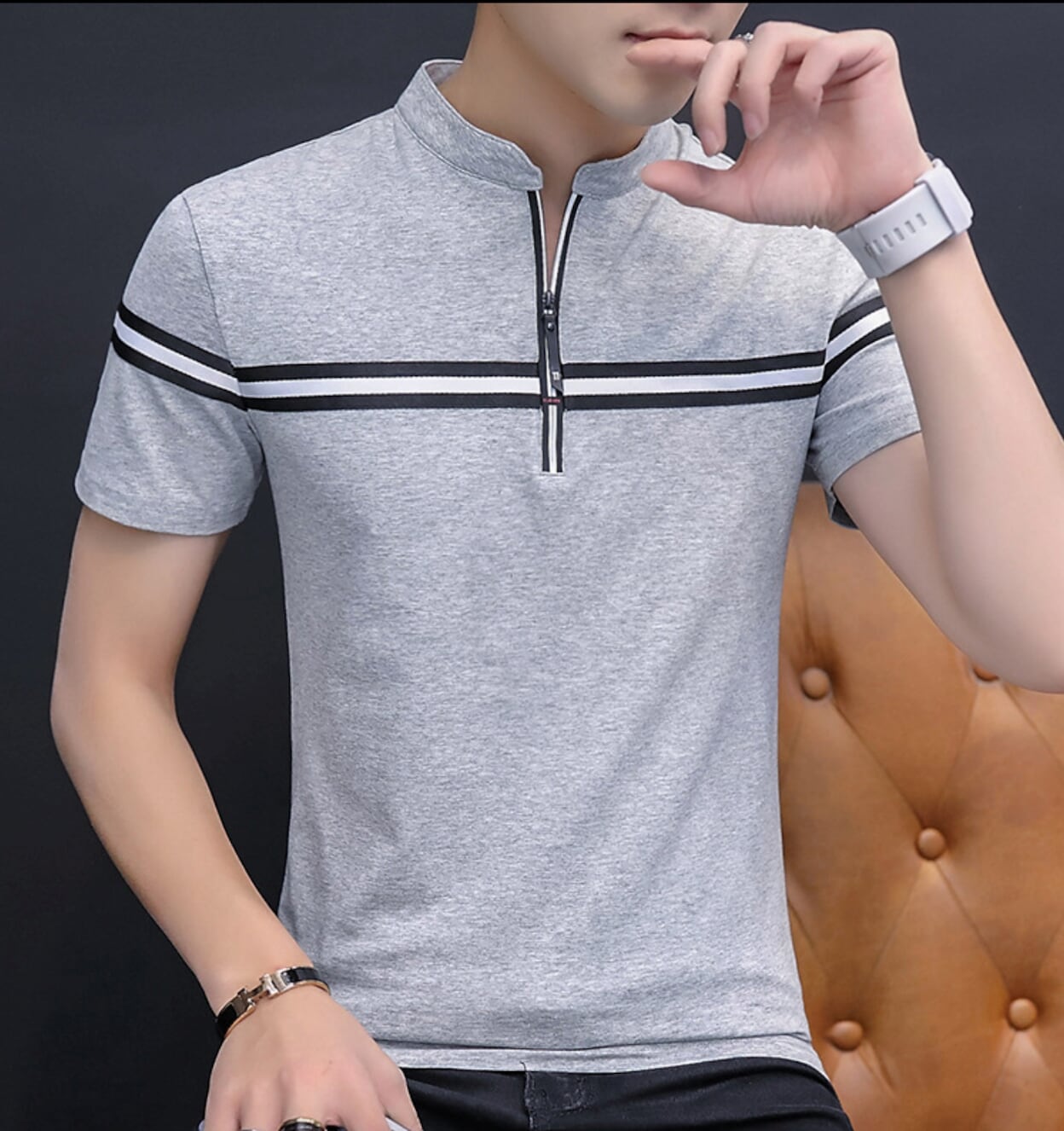 Mens Striped Stand Collar Polo Shirt