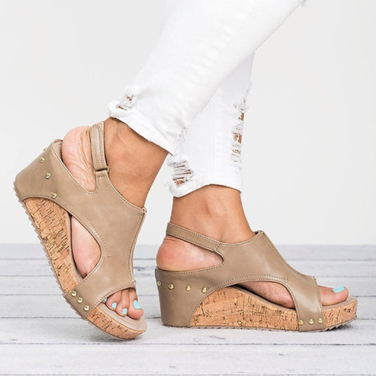 Womens Vegan Leather Cork Wedge Sandals